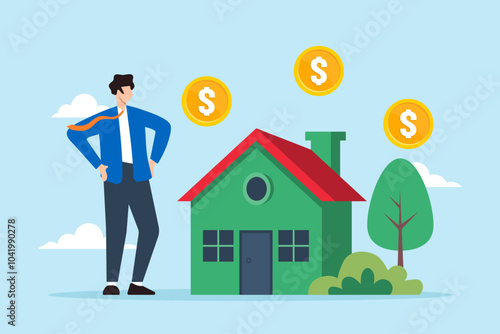 Flat illustration of businessman stands by house with dollar signs representing reverse mortgage financial concepts
