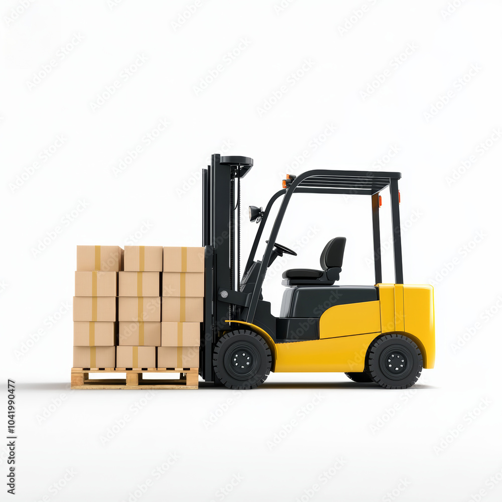 A forklift, isolated on white, with a pallet loaded with packages A forklift, isolated on white, with a pallet loaded with packages