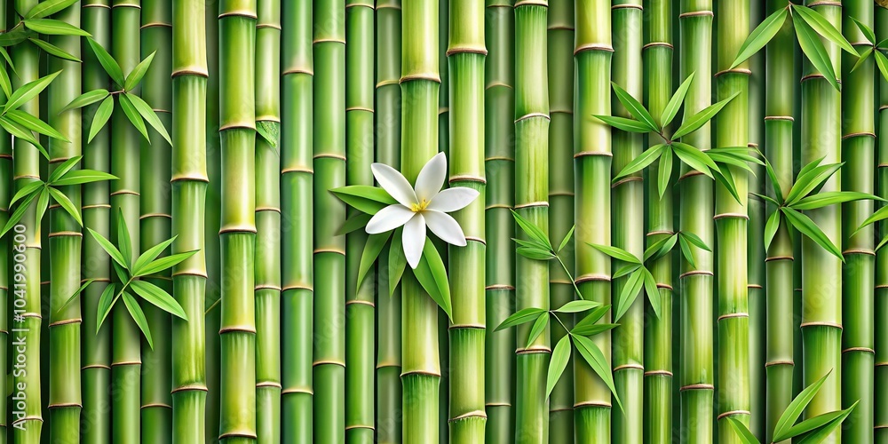 Fototapeta premium seamless pattern of bamboo tree stem, leaves, white flower