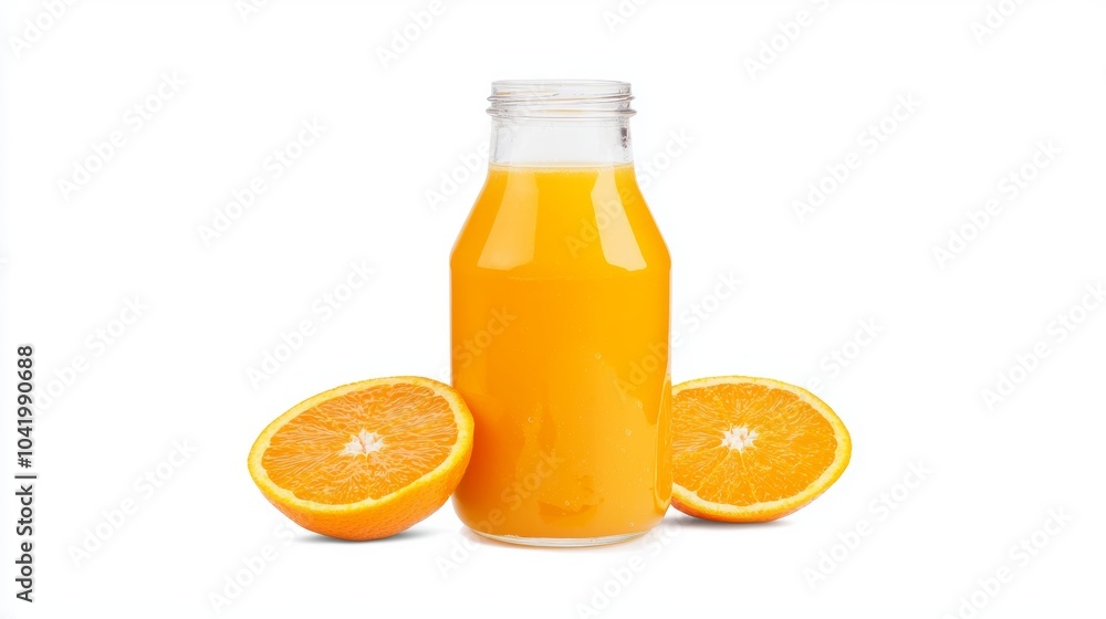 A freshly squeezed juice bottle with orange slices, isolated on white, showcasing a refreshing drink A freshly squeezed juice bottle with orange slices, isolated on white, showcasing a refreshing drink