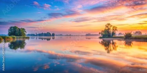 Serene lakeside morning reflection with pastel sky