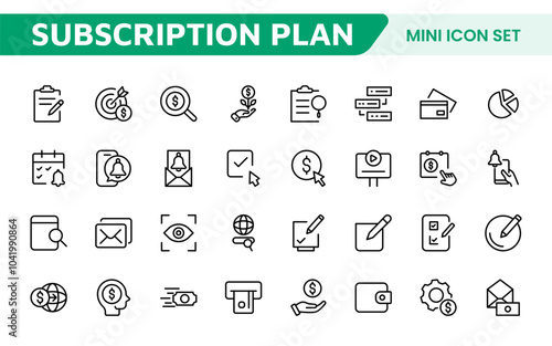 Subscription Services Icon Set. Modern and sleek icons for subscription-based platforms, perfect for enhancing user interfaces, streaming apps, SaaS products, and membership management.