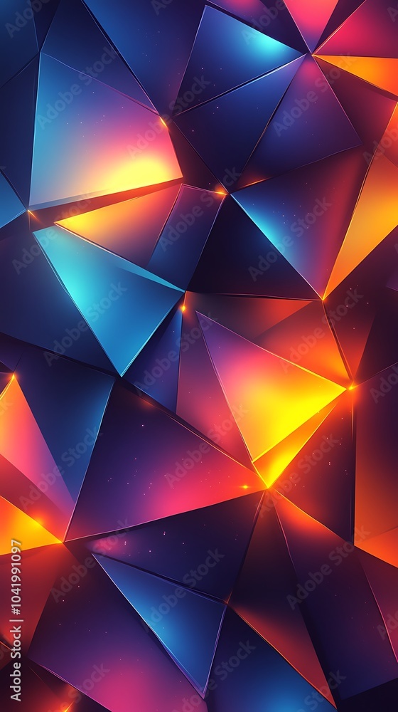 A dynamic geometric abstract design, overlapping triangles with gradient shading in vivid blues, purples, and oranges, crisp lines and deep shadows, glowing accents along the edges, A dynamic geometric abstract design, overlapping triangles with gradient shading in vivid blues, purples, and oranges, crisp lines and deep shadows, glowing accents along the edges,