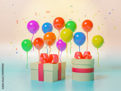 Vibrant Birthday Celebration with Floating Balloons and Wrapped Gifts. 3D render