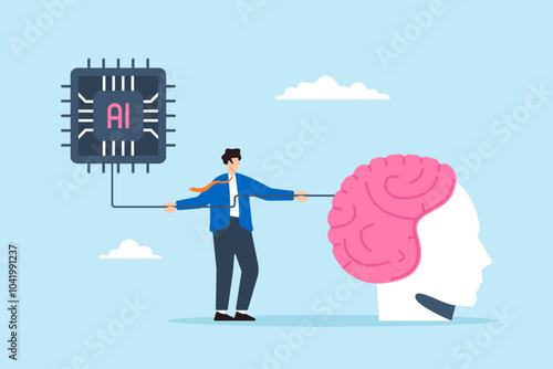 Flat illustration of businessman connecting human brain with AI chip symbolizing collaboration with artificial intelligence