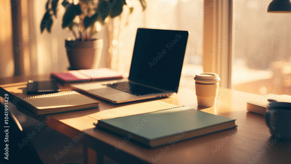 custom made wallpaper toronto digitalA dreamy blur of a cozy workspace featuring a desk with a laptop, notebooks, and a coffee cup, bathed in warm sunlight.