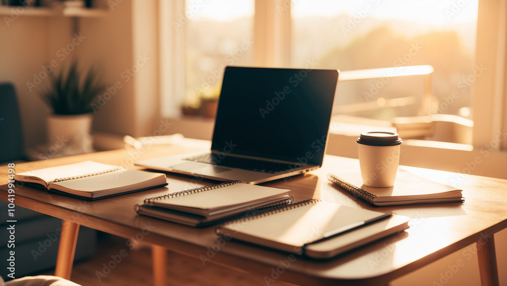 A dreamy blur of a cozy workspace featuring a desk with a laptop, notebooks, and a coffee cup, bathed in warm sunlight. A dreamy blur of a cozy workspace featuring a desk with a laptop, notebooks, and a coffee cup, bathed in warm sunlight.