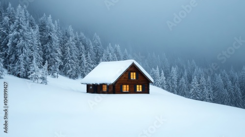Cozy Cabin in a Snowstorm Surrounded by Trees