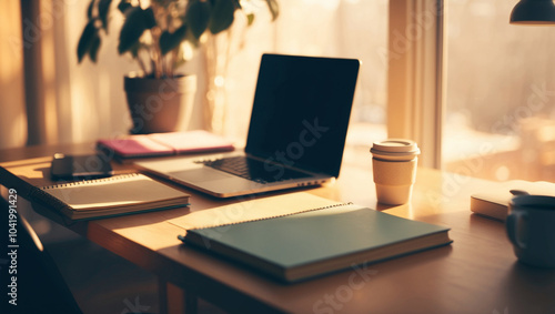 Wallpaper Mural A dreamy blur of a cozy workspace featuring a desk with a laptop, notebooks, and a coffee cup, bathed in warm sunlight. Torontodigital.ca
