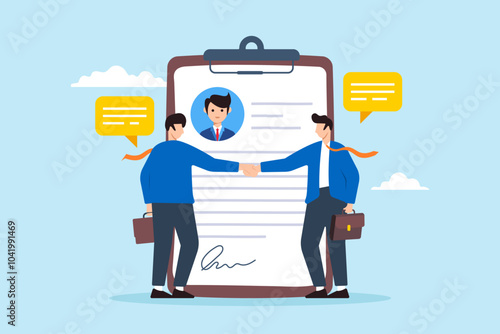 Flat illustration of two businessman shakes hands with new employee finalizing employment contract signature and recruitment agreement