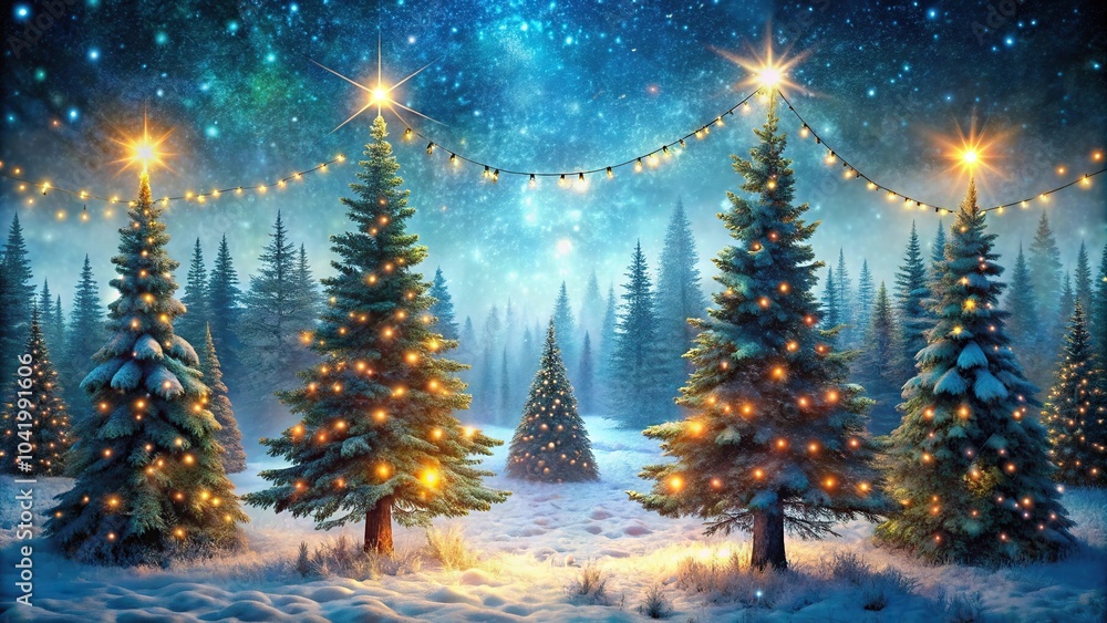 Silhouette magical forest with glowing lights and festive tree Silhouette magical forest with glowing lights and festive tree