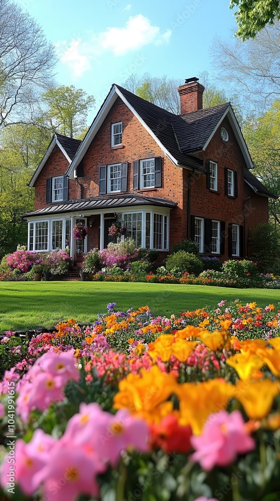 charming threestory red brick colonial home surrounded by a lush green lawn and colorful flowers embodying suburban charm and inviting warmth in a sunny setting charming threestory red brick colonial home surrounded by a lush green lawn and colorful flowers embodying suburban charm and inviting warmth in a sunny setting