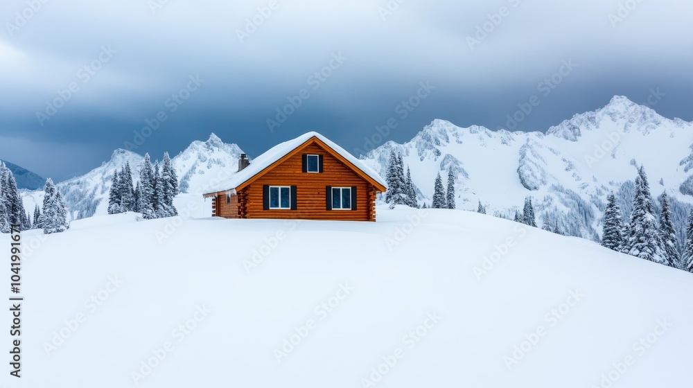 Cozy Cabin in a Snowstorm on a Mountain Landscape Cozy Cabin in a Snowstorm on a Mountain Landscape
