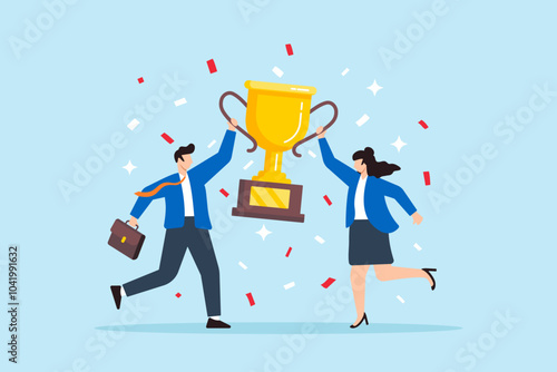 Flat illustration of businessman and businesswoman celebrate with trophy confetti symbolizing team success and partnership