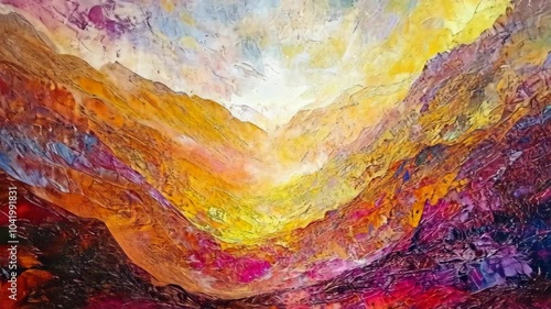 A vibrant abstract painting depicts a mountain valley filled with warm hues of yellow, orange, and red