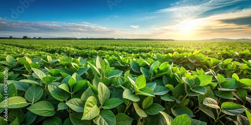 Soybean field agricultural landscape with green ripening soy plants