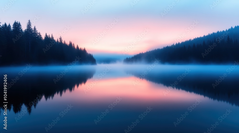 Misty Lake at Dawn with Calm Reflections Misty Lake at Dawn with Calm Reflections