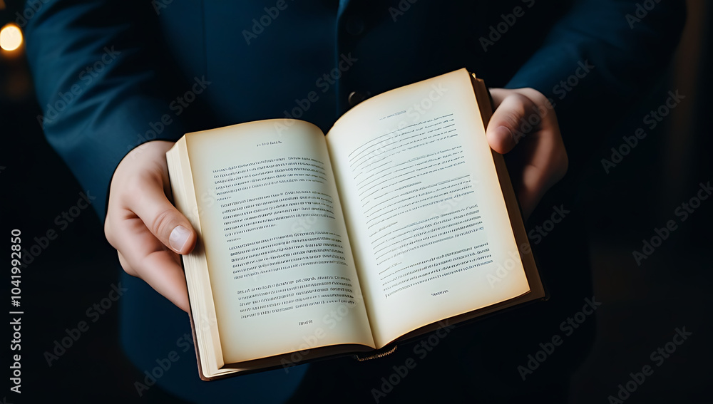 Fototapeta premium hands holds open book blank pages cut size