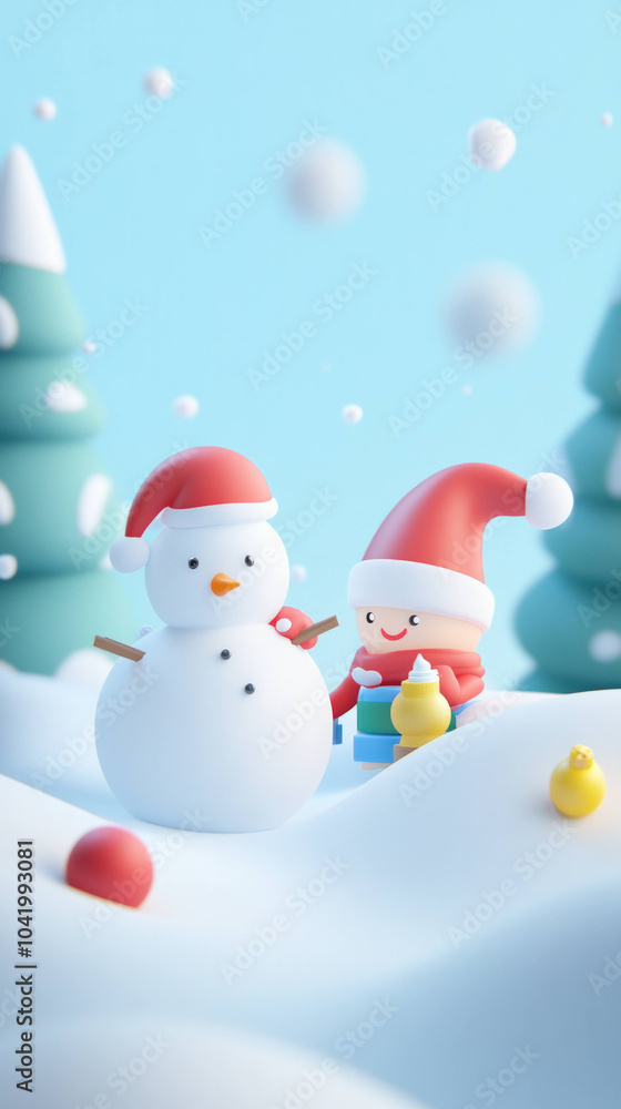 cheerful scene featuring snowman and playful character in snowy landscape, surrounded by colorful decorations. atmosphere is joyful and festive, perfect for holiday season cheerful scene featuring snowman and playful character in snowy landscape, surrounded by colorful decorations. atmosphere is joyful and festive, perfect for holiday season