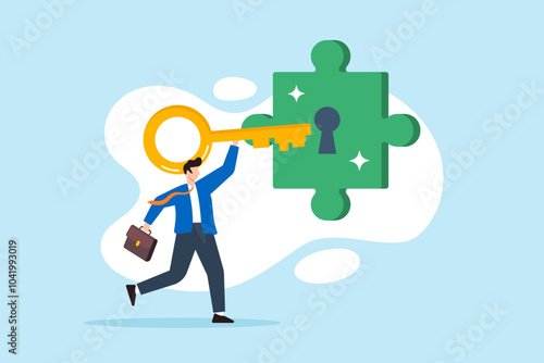Flat illustration of businessman inserting key into jigsaw puzzle keyhole representing unlock potential solution for customer problems