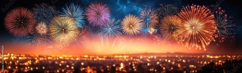 Fireworks are lit up in the sky above a city