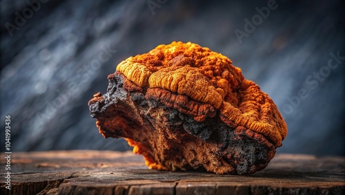 Reflected Chaga mushroom Inonotus obliquus on dark background photo