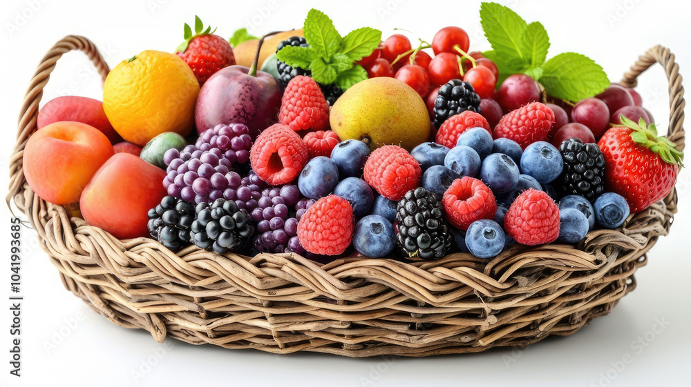 A vibrant assortment of fresh fruits displayed in a woven basket isolated on white background, showcasing a variety of colors and textures. A vibrant assortment of fresh fruits displayed in a woven basket isolated on white background, showcasing a variety of colors and textures.