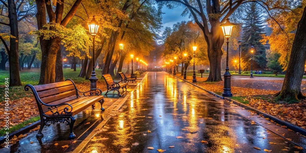 Rainy Evening in the Park with Illuminated Lamps and Autumn Trees - Serene Atmosphere for Stock Photography Rainy Evening in the Park with Illuminated Lamps and Autumn Trees - Serene Atmosphere for Stock Photography