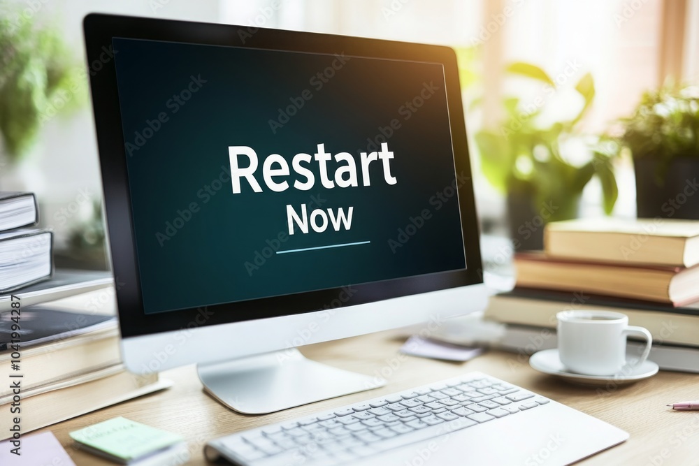 Computer Screen Displaying Restart Now Message Computer Screen Displaying Restart Now Message
