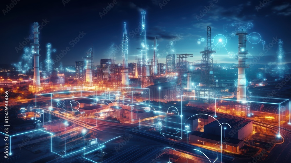 Modern factory, communication network. Telecommunication. IoT, Internet of Things, ICT, Information communication Technology,. Smart factory. Digital transformation, cloud connecting, generate by AI Modern factory, communication network. Telecommunication. IoT, Internet of Things, ICT, Information communication Technology,. Smart factory. Digital transformation, cloud connecting, generate by AI