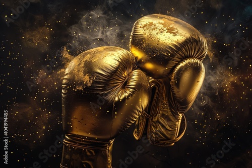 A pair of stunning gold boxing gloves, shining against a dramatic dark background filled with sparkles, symbolizing power and competition. photo