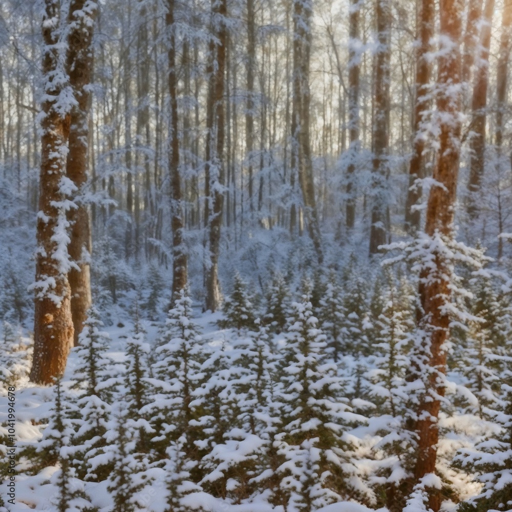 Winter forest landscape covered in fresh snow with sunlight filtering through the trees Winter forest landscape covered in fresh snow with sunlight filtering through the trees