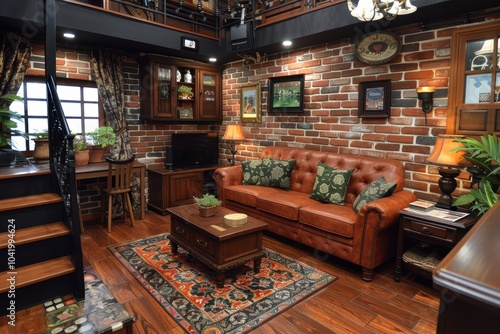 Warm and inviting rustic living room interior with a classic leather couch, art-filled brick walls, wooden floors, and cozy lighting elements