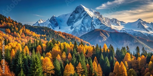 Scenic view of forest and snowy peak of Mont Blanc in autumn