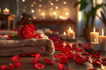 Luxurious Valentine's Day Spa Ambiance with Candlelit Massage Tables and Rose Petals