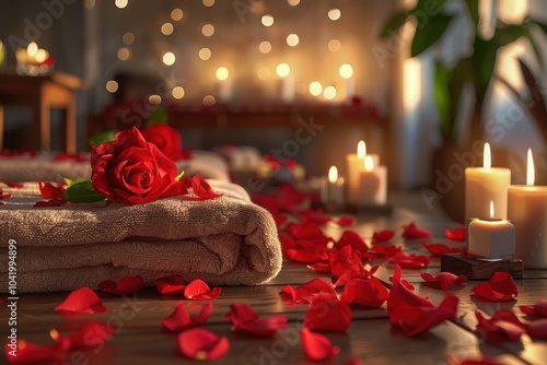 Luxurious Valentine's Day Spa Ambiance with Candlelit Massage Tables and Rose Petals photo