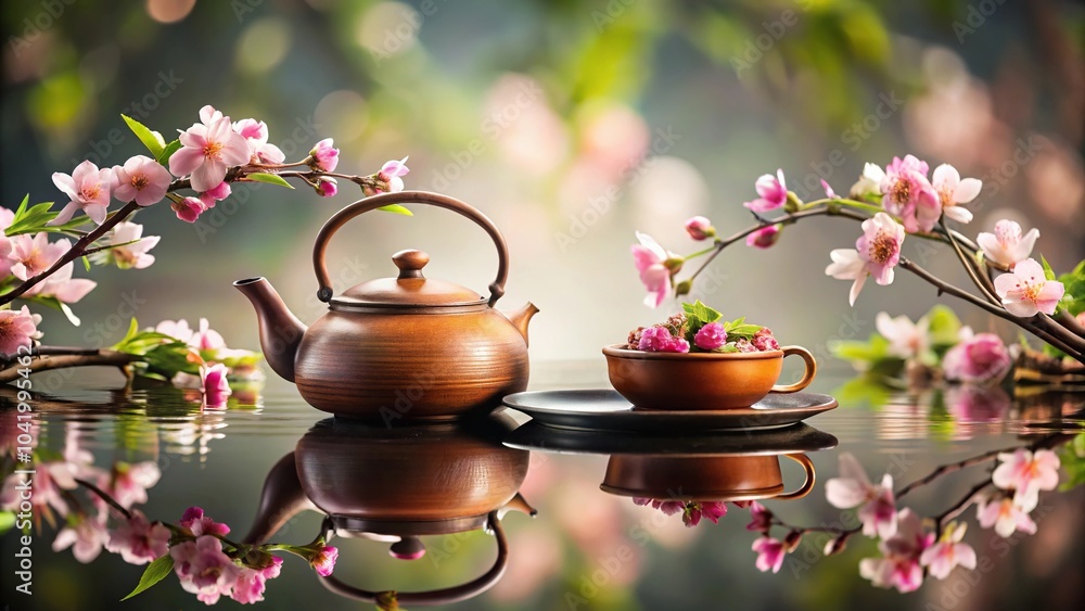 Fototapeta premium Reflected Chinese tea ceremony with teapot and flowers