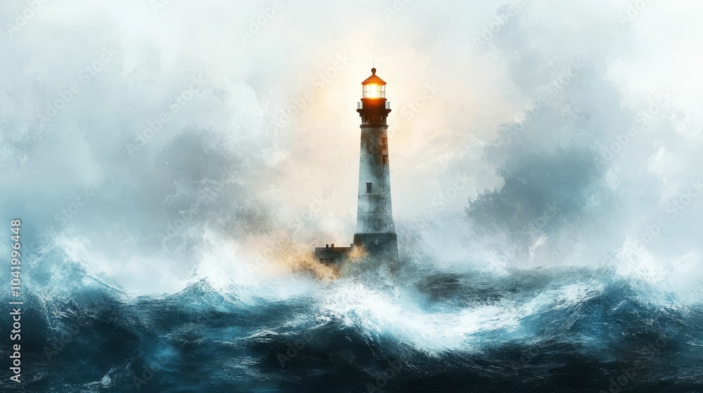 Illustration for a lighthouse in the middle of a stormy sea Illustration for a lighthouse in the middle of a stormy sea