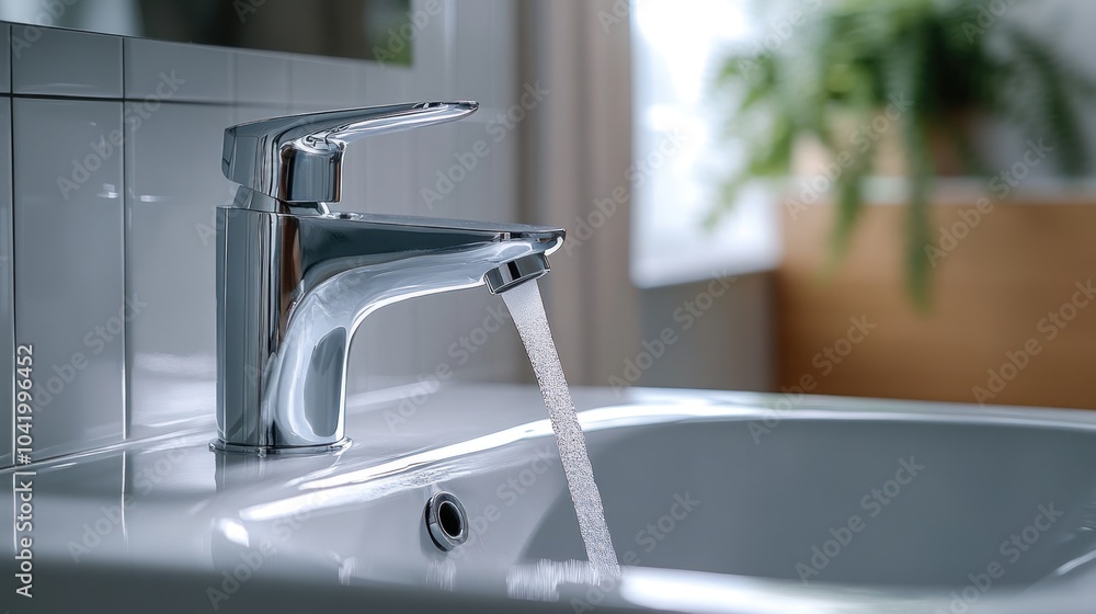 Close-up of a Modern Bathroom Faucet with Running Water Close-up of a Modern Bathroom Faucet with Running Water