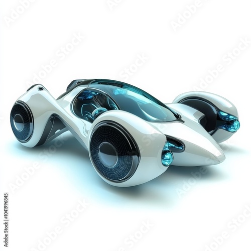 A futuristic 3D representation of a concept car, showcasing innovative features and a unique design, isolated on a white background