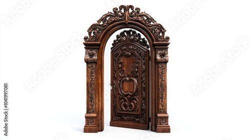 A beautifully crafted wooden door with intricate carvings and an elegant arch, showcasing detailed artistry and craftsmanship.