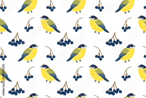 Seamless pattern with tit birds and branches berries. Winter feather birds. Pattern with titmouse. Vector background with small forest birds. Flat style.