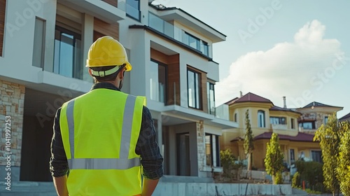 Construction Worker Overseeing Modern Residential Project photo