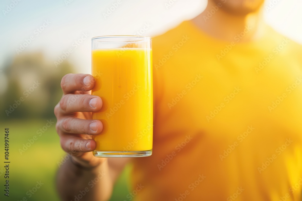 A person holding a glass of fresh orange juice in a sunny outdoor setting, showcasing hydration and refreshment. A person holding a glass of fresh orange juice in a sunny outdoor setting, showcasing hydration and refreshment.