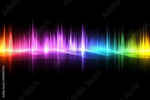 A vibrant soundwave visualization against a dark backdrop with soft rainbow hues radiating in a flowing pattern