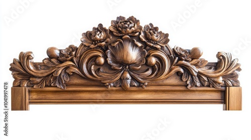 An ornate wooden decoration featuring detailed floral carvings, showcasing fine craftsmanship and traditional design.