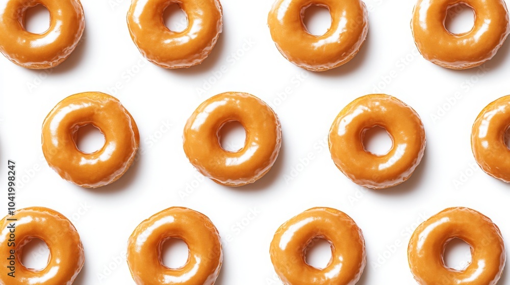 A visually appealing arrangement of golden-brown donuts on a white background, showcasing their classic shape and delicious glaze. A visually appealing arrangement of golden-brown donuts on a white background, showcasing their classic shape and delicious glaze.