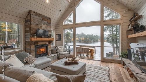 Fototapeta Naklejka Na Ścianę i Meble -  A cozy rustic living room in a lakeside cabin with a large window showcasing a picturesque view of the tranquil forested lake in autumn