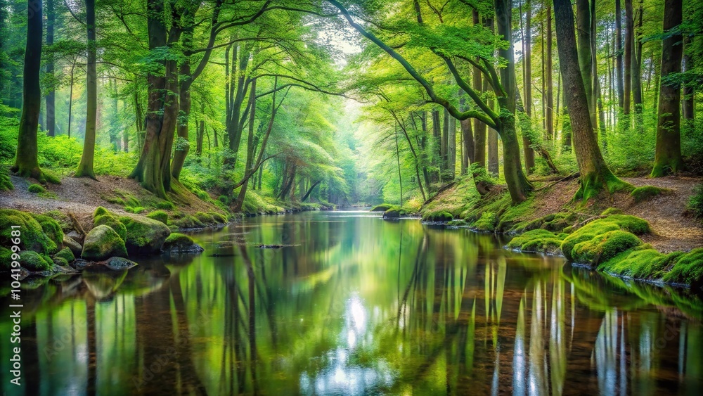 Fototapeta premium Symmetrical serene forest stream in untouched nature