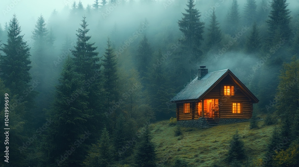 A cozy cabin glows warmly amidst a misty forest landscape. A cozy cabin glows warmly amidst a misty forest landscape.